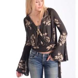 Free People Fiona Knit Floral Tie Waist Faux Wrap Top - S
